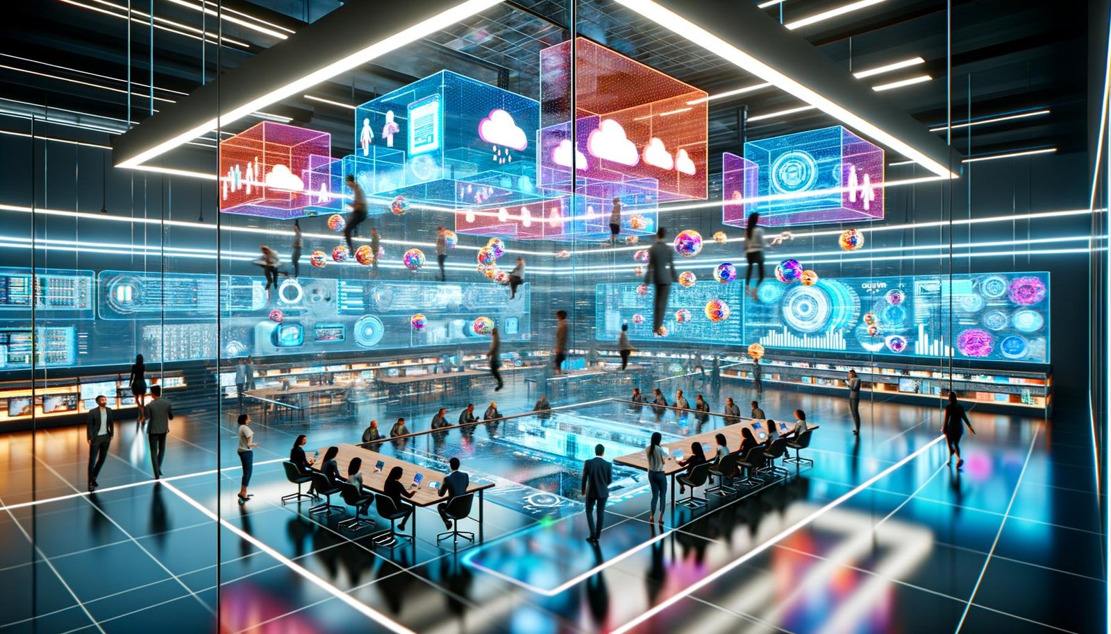 Futuristisches Büro mit Digital-Marketing-Team, das an einem großen Touchscreen-Tisch zwischen schwebenden 3D-Produktmodellen, AR- und VR-Werbung sowie transparenten Datendisplays zusammenarbeitet.