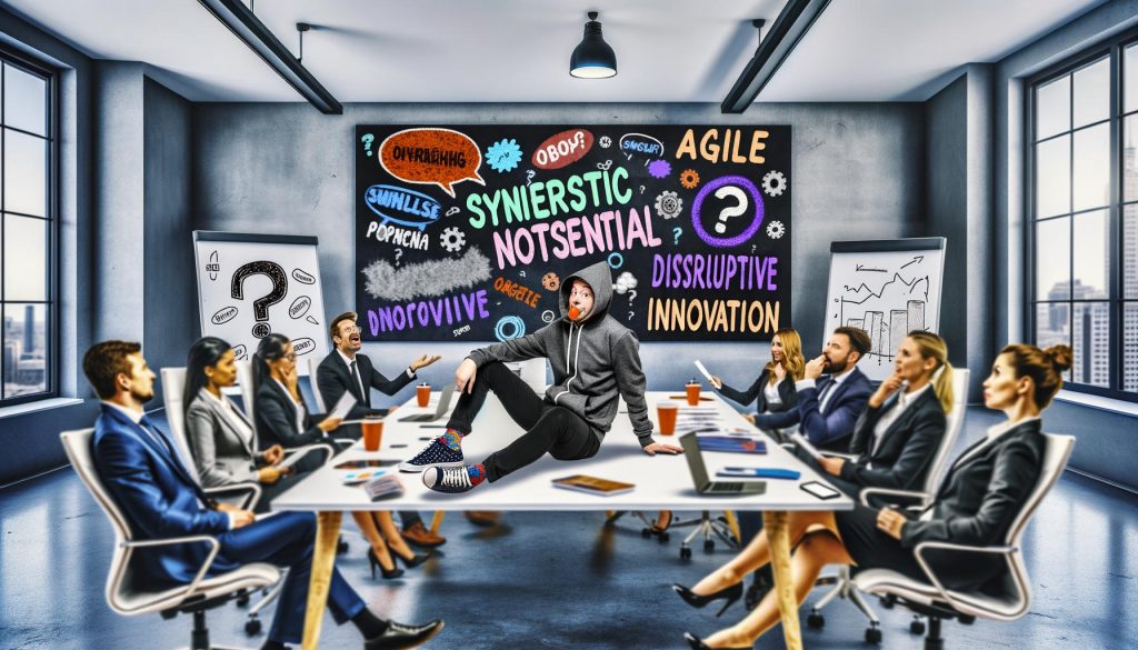 Chief Bullshit Officer im Hoodie bei satirischem Meeting im urbanen Tech-Büro, Manager zeigen erstaunte und ratlose Gesichter, Whiteboard voller absurder Buzzwords, digitale Office-Ästhetik mit Laptops und Kaffeebechern.