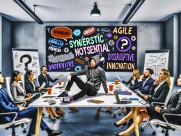 Chief Bullshit Officer im Hoodie bei satirischem Meeting im urbanen Tech-Büro, Manager zeigen erstaunte und ratlose Gesichter, Whiteboard voller absurder Buzzwords, digitale Office-Ästhetik mit Laptops und Kaffeebechern.