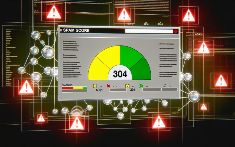Digitales Dashboard mit dominanter Spam Score-Skala, Warnsymbolen, roten Flaggen, Webseitendarstellungen, Backlink-Ketten und technischen Warnhinweisen in einem modernen SEO-Office.