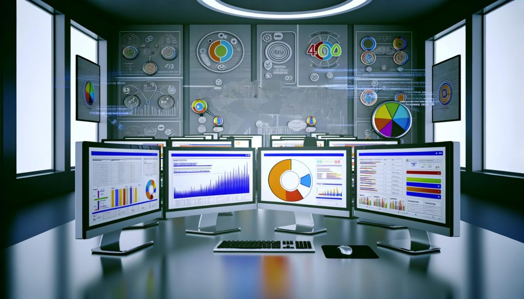 Moderner Arbeitsplatz mit mehreren Monitoren, die bunte SEO-Dashboards, Website-Audits und Logos bekannter Tools wie Screaming Frog, Sitebulb, SEMrush, Ahrefs und Deepcrawl zeigen