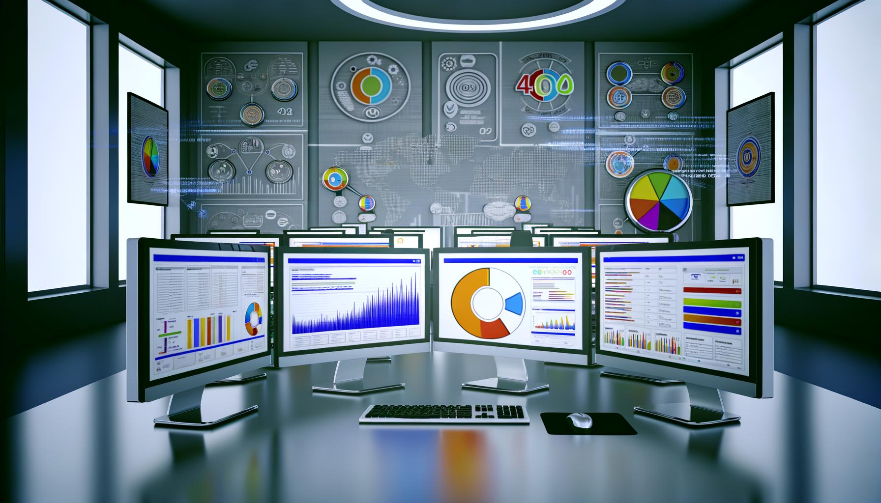 Moderner Arbeitsplatz mit mehreren Monitoren, die bunte SEO-Dashboards, Website-Audits und Logos bekannter Tools wie Screaming Frog, Sitebulb, SEMrush, Ahrefs und Deepcrawl zeigen