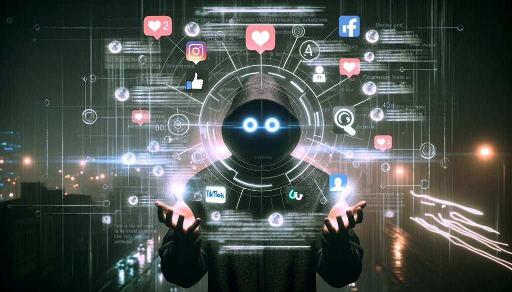 Digitale, anonymisierte Persona mit Kapuze vor einem großen holografischen Dashboard mit Social-Media-Symbolen, Datenströmen, algorithmischen Linien, Likes, Shares und Emojis im urbanen, technischen Ambiente.