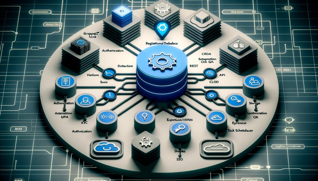 Stilisiertes Architekturdiagramm des Directus Setups mit Datenbank, REST- und GraphQL-API, Admin-UI, Authentifizierungs- und Storage-Symbolen sowie moderner Tech-Optik.
