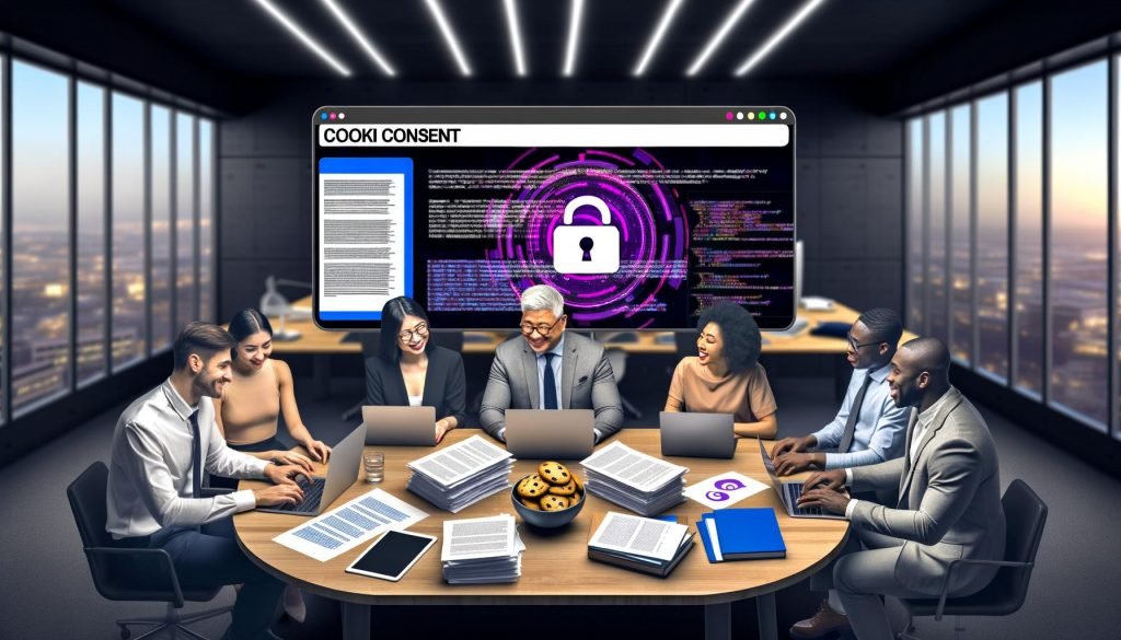 Ein modernes Großraumbüro mit Computer-Monitor und auffälligem Cookie-Banner. Teams aus Marketing, Recht und IT prüfen intensiv digitale Dokumente sowie Papierstapel mit den Aufschriften DSGVO, TTDSG und ePrivacy.