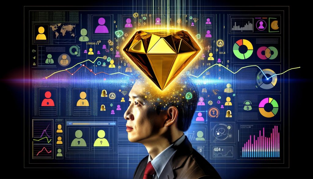 Moderner Diamant aus Daten als zentraler Fokus, umgeben von digitalen Datenströmen, Dashboards, Heatmaps und Nutzer-Avataren in einer futuristischen Business-Landschaft.