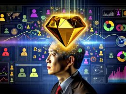 Moderner Diamant aus Daten als zentraler Fokus, umgeben von digitalen Datenströmen, Dashboards, Heatmaps und Nutzer-Avataren in einer futuristischen Business-Landschaft.