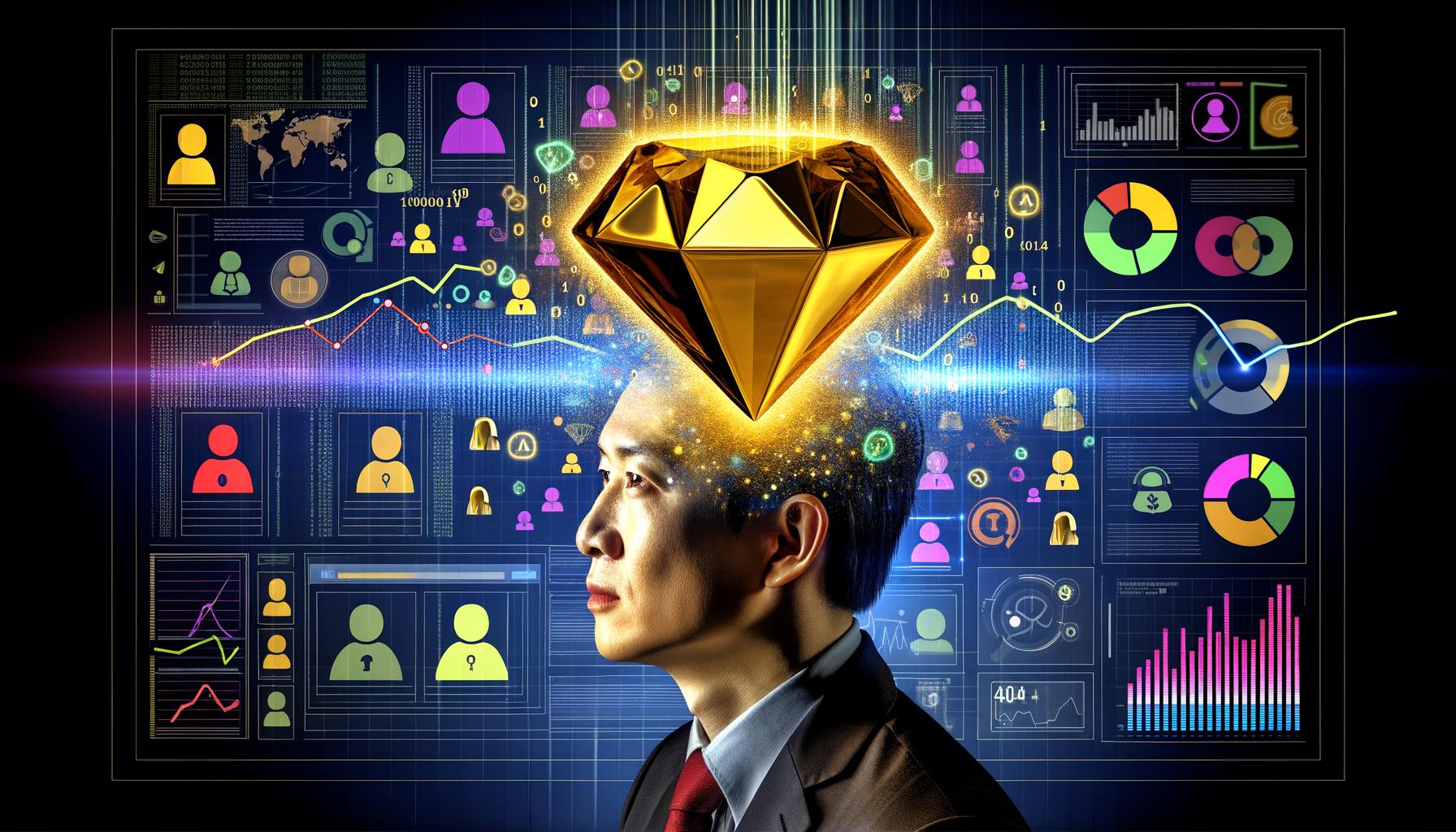 Moderner Diamant aus Daten als zentraler Fokus, umgeben von digitalen Datenströmen, Dashboards, Heatmaps und Nutzer-Avataren in einer futuristischen Business-Landschaft.