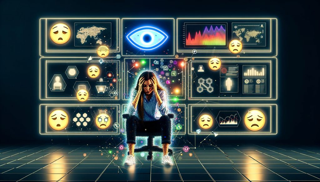 Erschöpfte Userin vor mehreren Screens mit Daten, Heatmaps und KI-Icons, umgeben von Warnhinweisen zu Fatigue und abfallender Conversion-Rate in digitaler Umgebung.