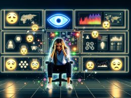 Erschöpfte Userin vor mehreren Screens mit Daten, Heatmaps und KI-Icons, umgeben von Warnhinweisen zu Fatigue und abfallender Conversion-Rate in digitaler Umgebung.