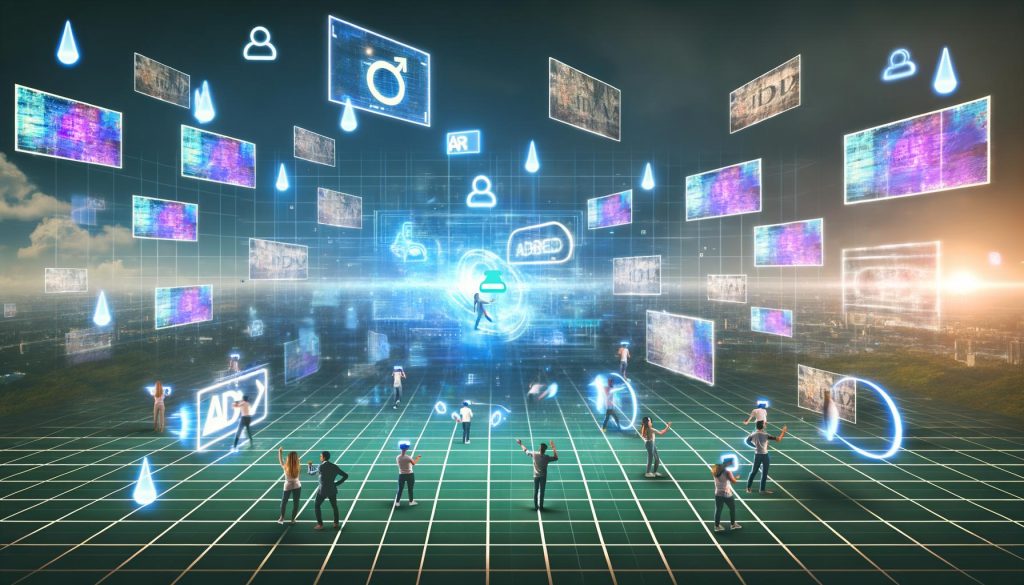 Nutzer mit VR- und AR-Headsets interagieren mit schwebenden 3D-Werbeobjekten, umgeben von Markenlogos, holografischen Interfaces und einem modernen, lichtdurchfluteten digitalen Raum.