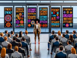 Großraumbüro mit Bühne, auf der eine Person im Business-Outfit eine Präsentation mit vielen Buzzwords hält, während das Publikum verwirrt oder gelangweilt wirkt. Im Hintergrund Poster mit Management-Titeln.