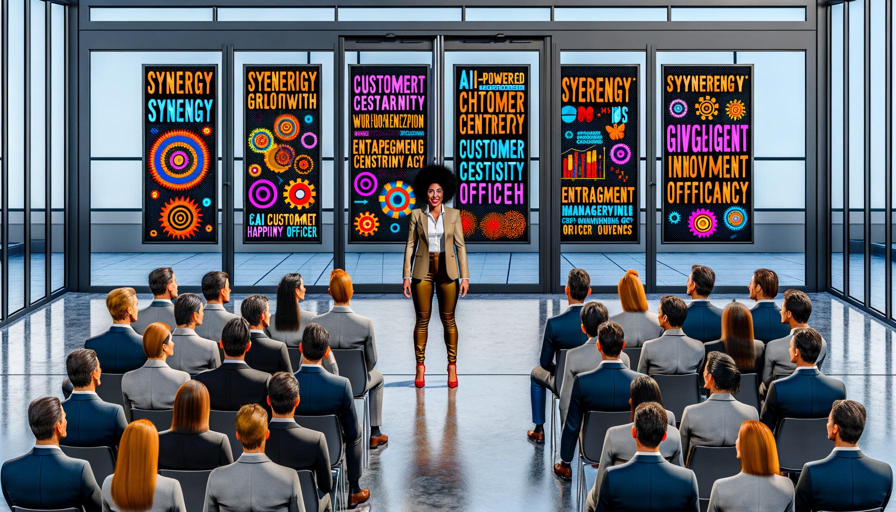 Großraumbüro mit Bühne, auf der eine Person im Business-Outfit eine Präsentation mit vielen Buzzwords hält, während das Publikum verwirrt oder gelangweilt wirkt. Im Hintergrund Poster mit Management-Titeln.