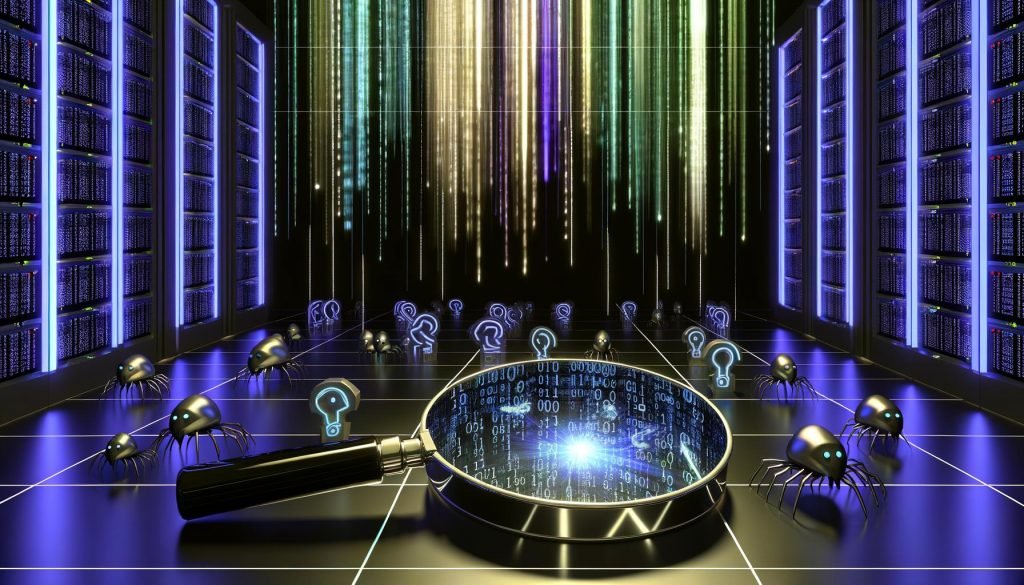 Digitale Illustration eines Serverraums mit leuchtenden Serverracks, Binärcode, einer Lupe über Logfiles voller Bot-User-Agents wie Googlebot und Bingbot, sowie Roboter-Spinnen auf den Logs, die auf technische Fehler wie 404 oder Redirects hinweisen.