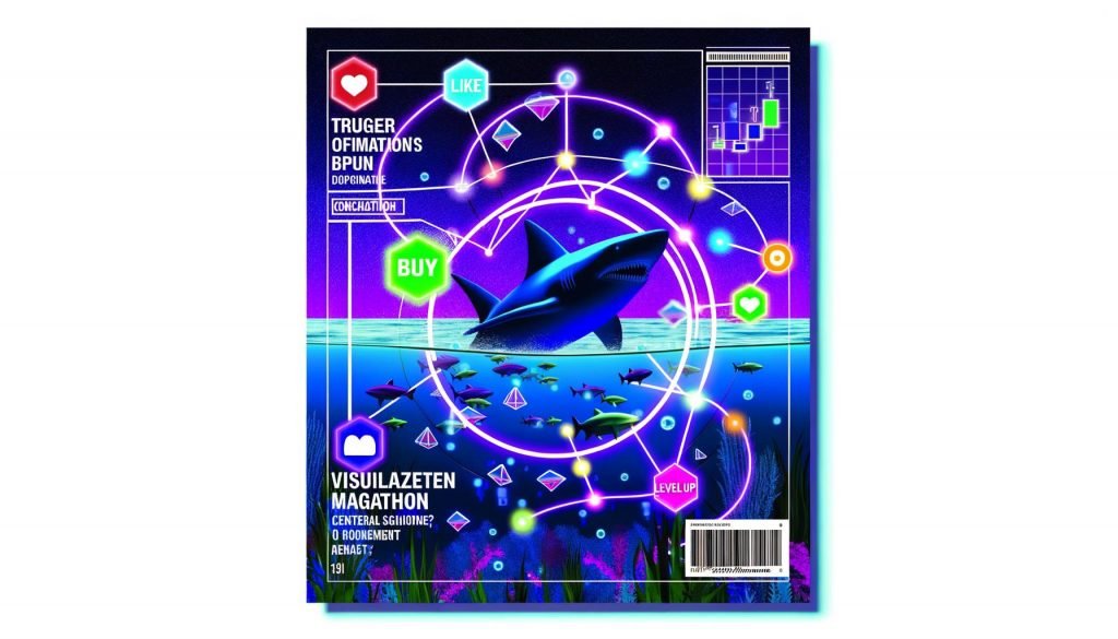 Futuristische Magazin-Titelseite mit Nutzer-Avataren in einem digitalen Haifischbecken, schwebenden Aktions-Buttons und leuchtenden Datenströmen vor datengetriebenem Hintergrund.