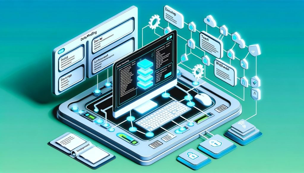 Isometrische Illustration eines modernen Arbeitsbereichs mit Directus Dashboard, strukturierten Daten, Benutzerrollen, Automatisierungsflüssen und verbundenen Frontend-Geräten, alles in kühlem, futuristischem Design.