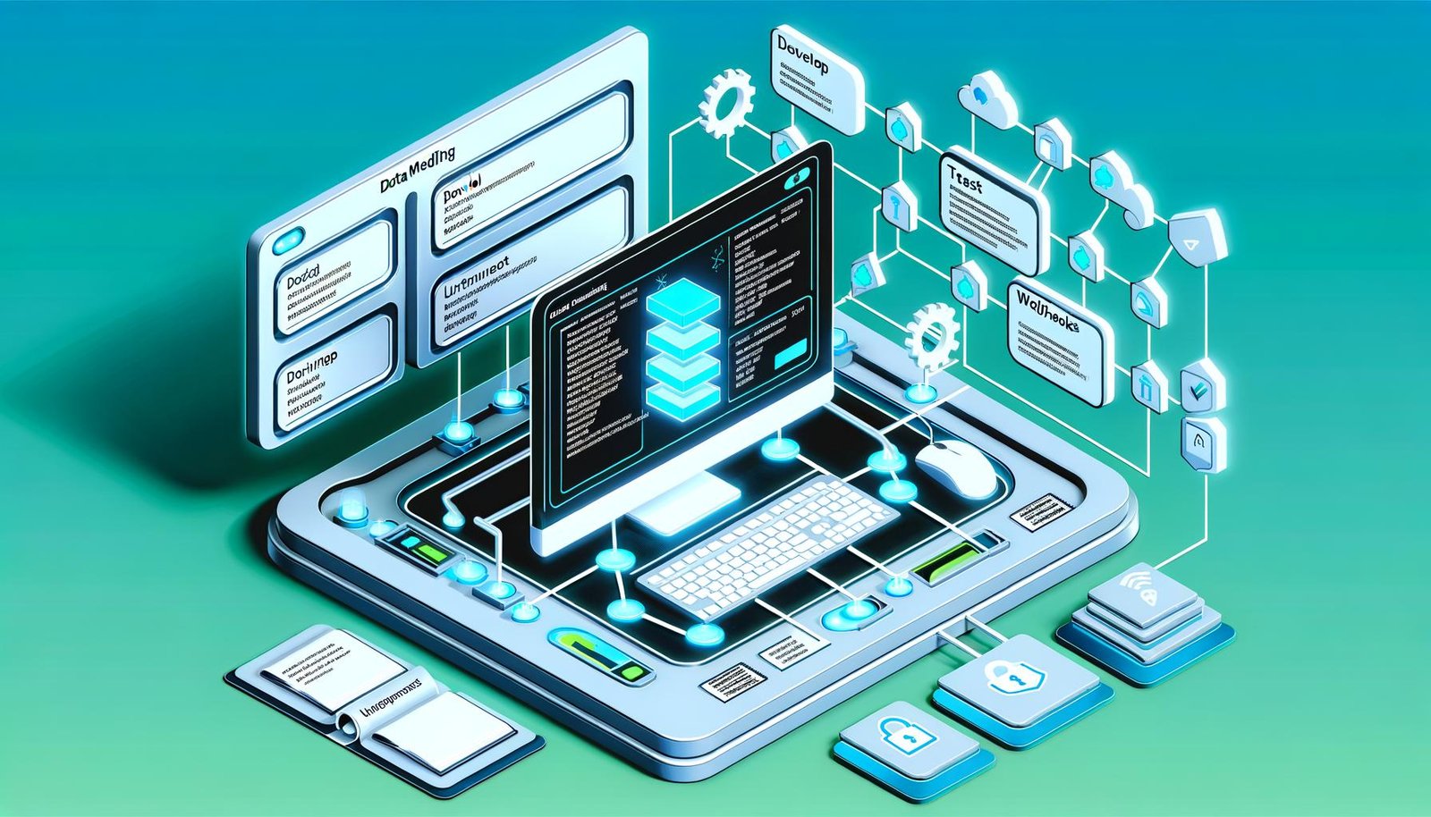 Isometrische Illustration eines modernen Arbeitsbereichs mit Directus Dashboard, strukturierten Daten, Benutzerrollen, Automatisierungsflüssen und verbundenen Frontend-Geräten, alles in kühlem, futuristischem Design.