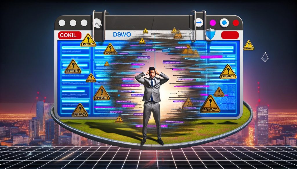 Digitale Illustration zeigt gespaltenes Cookie-Consent-Pop-up: Eine Seite mit überforderten Marketern und Entwicklern, die andere mit souveräner Person, die den Consent als Analyse-Dashboard nutzt, vor stilisierter MarTech-Stadt.