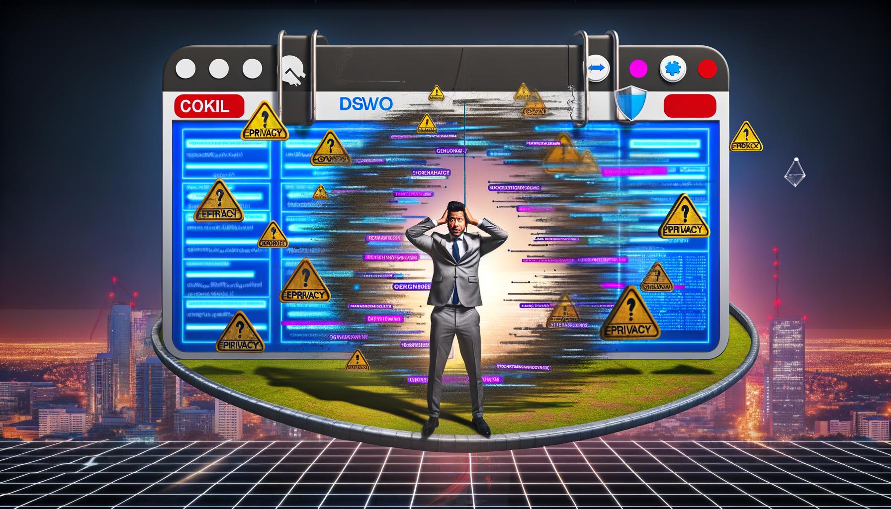 Digitale Illustration zeigt gespaltenes Cookie-Consent-Pop-up: Eine Seite mit überforderten Marketern und Entwicklern, die andere mit souveräner Person, die den Consent als Analyse-Dashboard nutzt, vor stilisierter MarTech-Stadt.