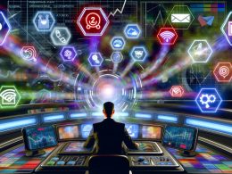 Digitale Illustration: Geschäftsperson steuert futuristisches Cockpit mit Bildschirmen, Heatmaps, Funnels, Touchpoints und digitalen Kanalsymbolen – Sinnbild für datengetriebenes Marketing 2025.