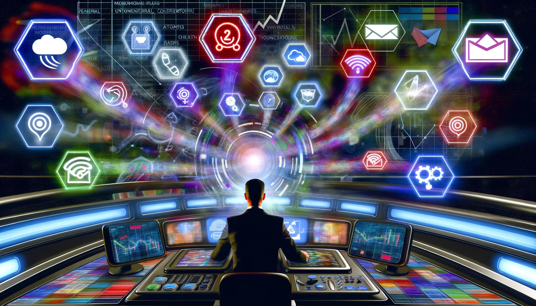 Digitale Illustration: Geschäftsperson steuert futuristisches Cockpit mit Bildschirmen, Heatmaps, Funnels, Touchpoints und digitalen Kanalsymbolen – Sinnbild für datengetriebenes Marketing 2025.