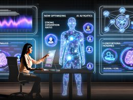 Digital Marketer in futuristischem Büro mit mehreren transparenten Bildschirmen, die KI-Analysen und Conversion-Raten anzeigen, umgeben von algorithmischen Linien und einem humanoiden KI-Assistenten.