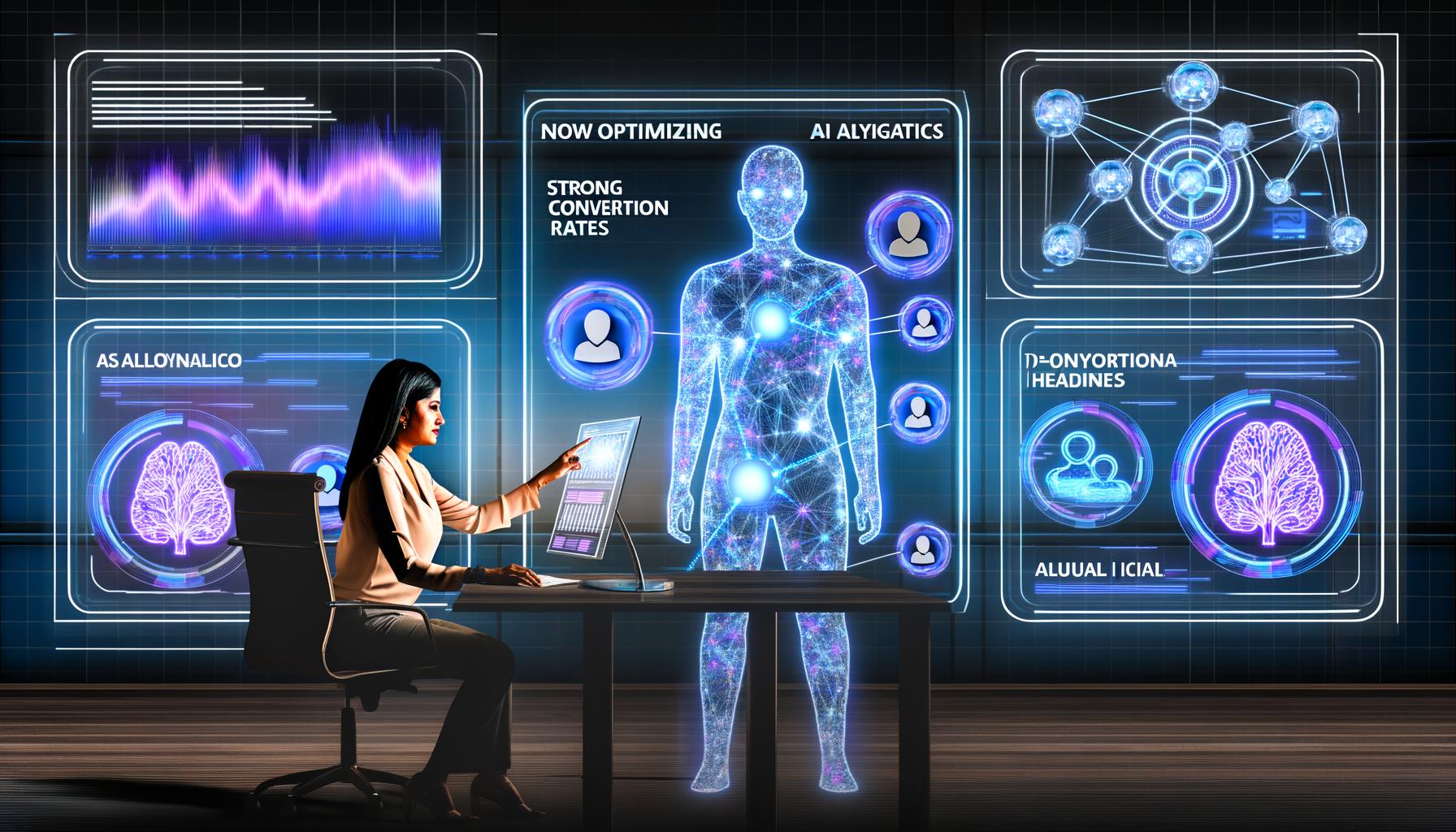 Digital Marketer in futuristischem Büro mit mehreren transparenten Bildschirmen, die KI-Analysen und Conversion-Raten anzeigen, umgeben von algorithmischen Linien und einem humanoiden KI-Assistenten.
