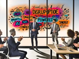 Geschäftsmann schreibt moderne Business-Buzzwords wie Disruption und Agility mit bunten Markern auf eine Glasscheibe, Team applaudiert, PowerPoint-Folien und Startup-Atmosphäre.