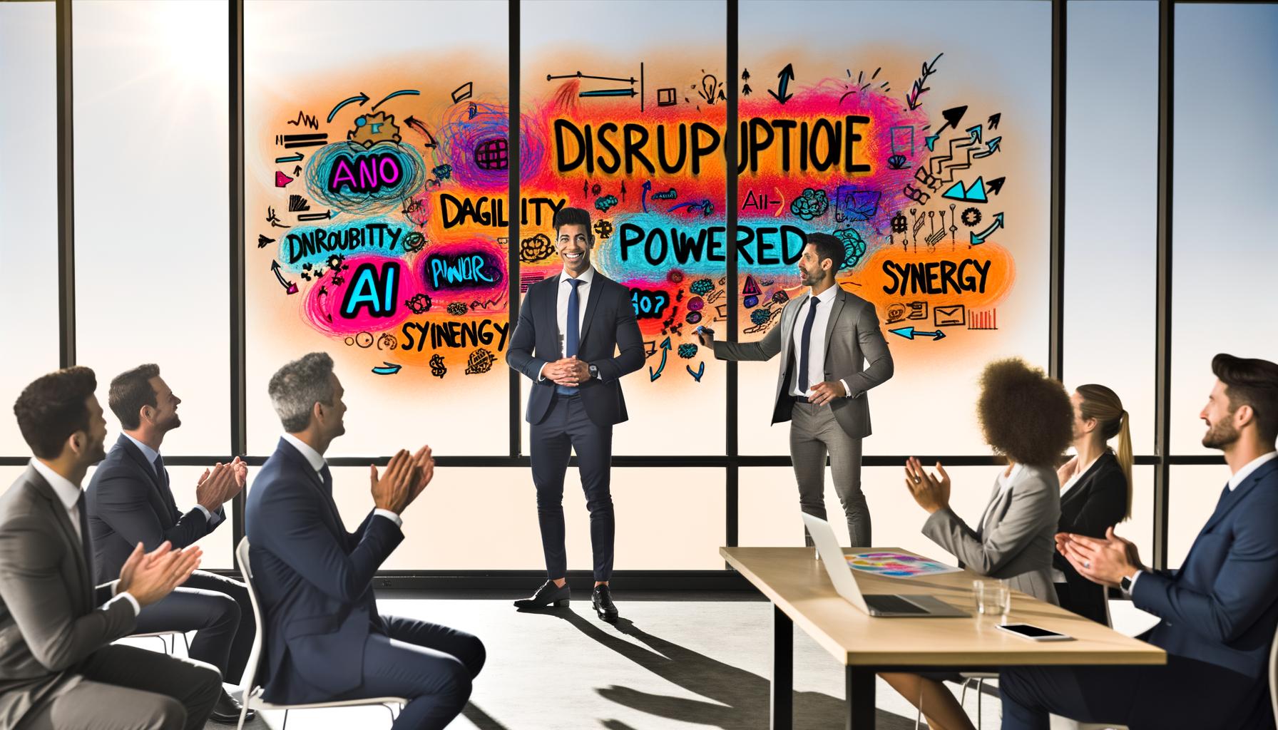 Geschäftsmann schreibt moderne Business-Buzzwords wie Disruption und Agility mit bunten Markern auf eine Glasscheibe, Team applaudiert, PowerPoint-Folien und Startup-Atmosphäre.