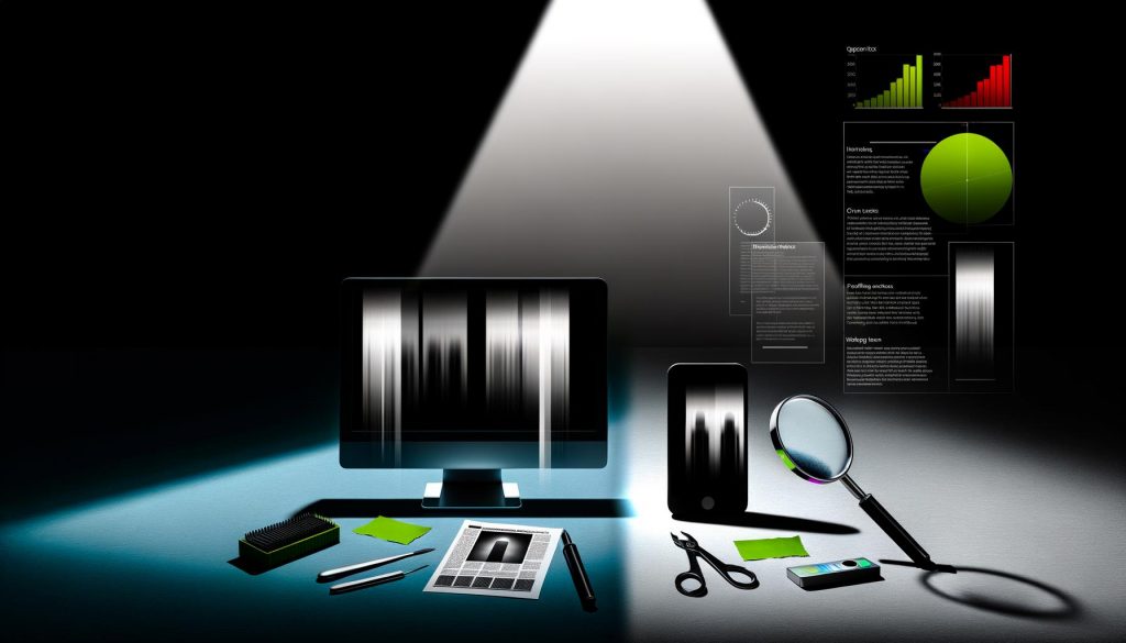 Ein Desktop-Computer und Smartphone, von weißen Spotlights beleuchtet, daneben unscharfe Schatten ihrer Oberflächen als Metapher für verborgene Schwachstellen. Dazwischen liegen Werkzeuge wie Skalpell, Lupe und digitale Grafiken für technische Analyse.
