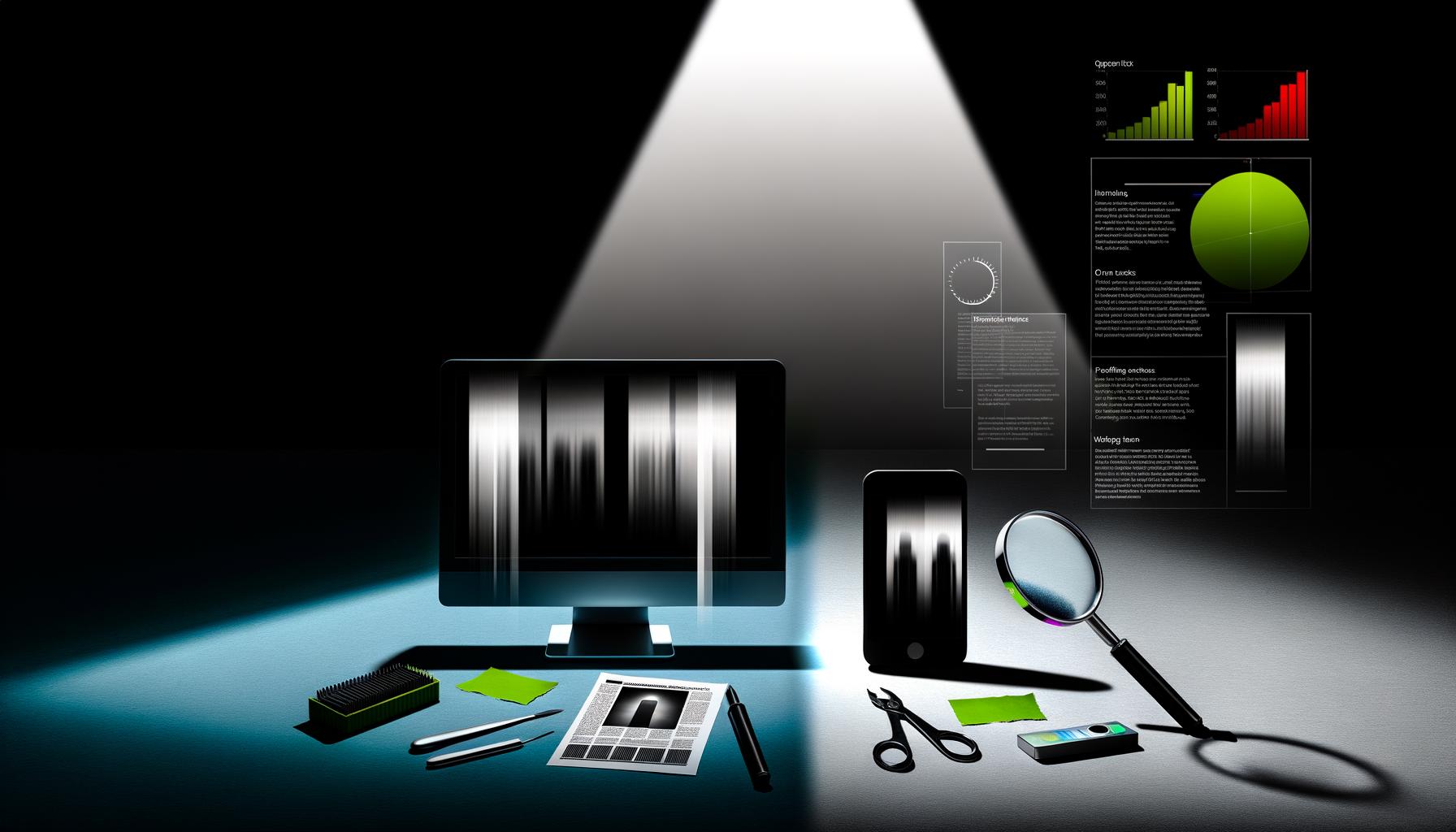 Ein Desktop-Computer und Smartphone, von weißen Spotlights beleuchtet, daneben unscharfe Schatten ihrer Oberflächen als Metapher für verborgene Schwachstellen. Dazwischen liegen Werkzeuge wie Skalpell, Lupe und digitale Grafiken für technische Analyse.