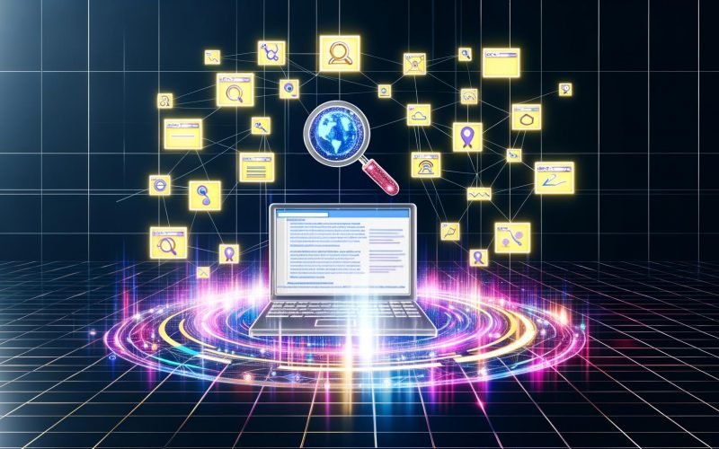 Futuristisches Kontrollzentrum mit Hologrammen, zentralem Laptop und Symbolen strukturierter Datentypen wie Artikel, Produkte und Bewertungen, dazu Suchmaschinen-Logos im Hintergrund.