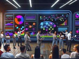 Junges Marketing-Team diskutiert vor einem großen interaktiven Dashboard mit Diagrammen, Datenvisualisierungen und Conversion Funnels in einem modernen Büro.