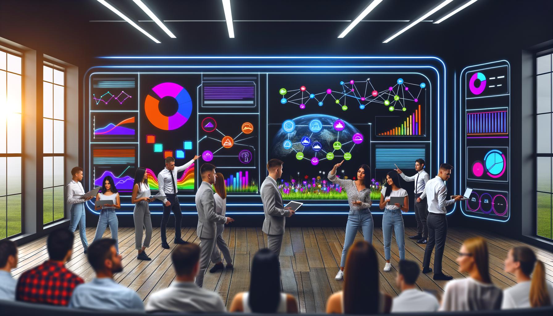 Junges Marketing-Team diskutiert vor einem großen interaktiven Dashboard mit Diagrammen, Datenvisualisierungen und Conversion Funnels in einem modernen Büro.