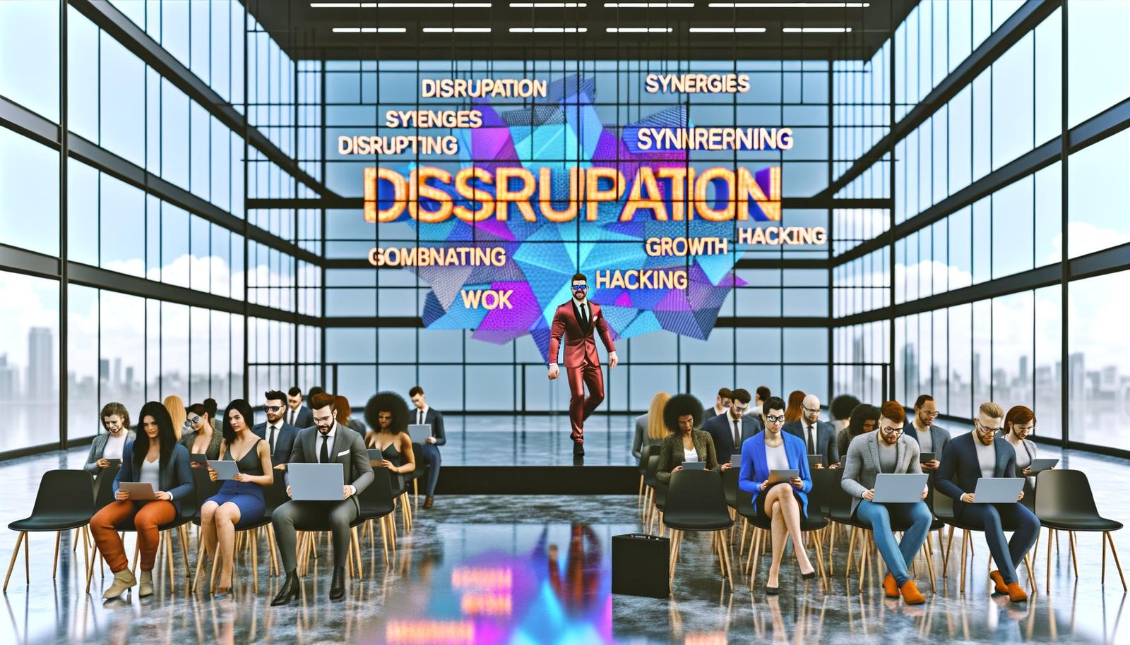 Satirisches Großraumbüro mit Mann im Anzug, der auf einer Bühne spricht, hinter ihm leuchten Business-Buzzwords, das Publikum zeigt Desinteresse.