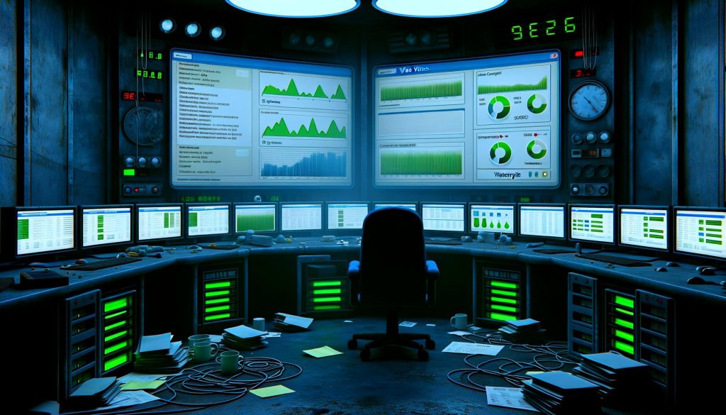 Kontrollraum mit technischen Monitoren, auf denen Web-Performance-Dashboards, Lighthouse- und WebPageTest-Berichte mit Leistungsmetriken, Filmstrips und grünen sowie roten Markierungen zu sehen sind.