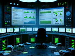 Kontrollraum mit technischen Monitoren, auf denen Web-Performance-Dashboards, Lighthouse- und WebPageTest-Berichte mit Leistungsmetriken, Filmstrips und grünen sowie roten Markierungen zu sehen sind.