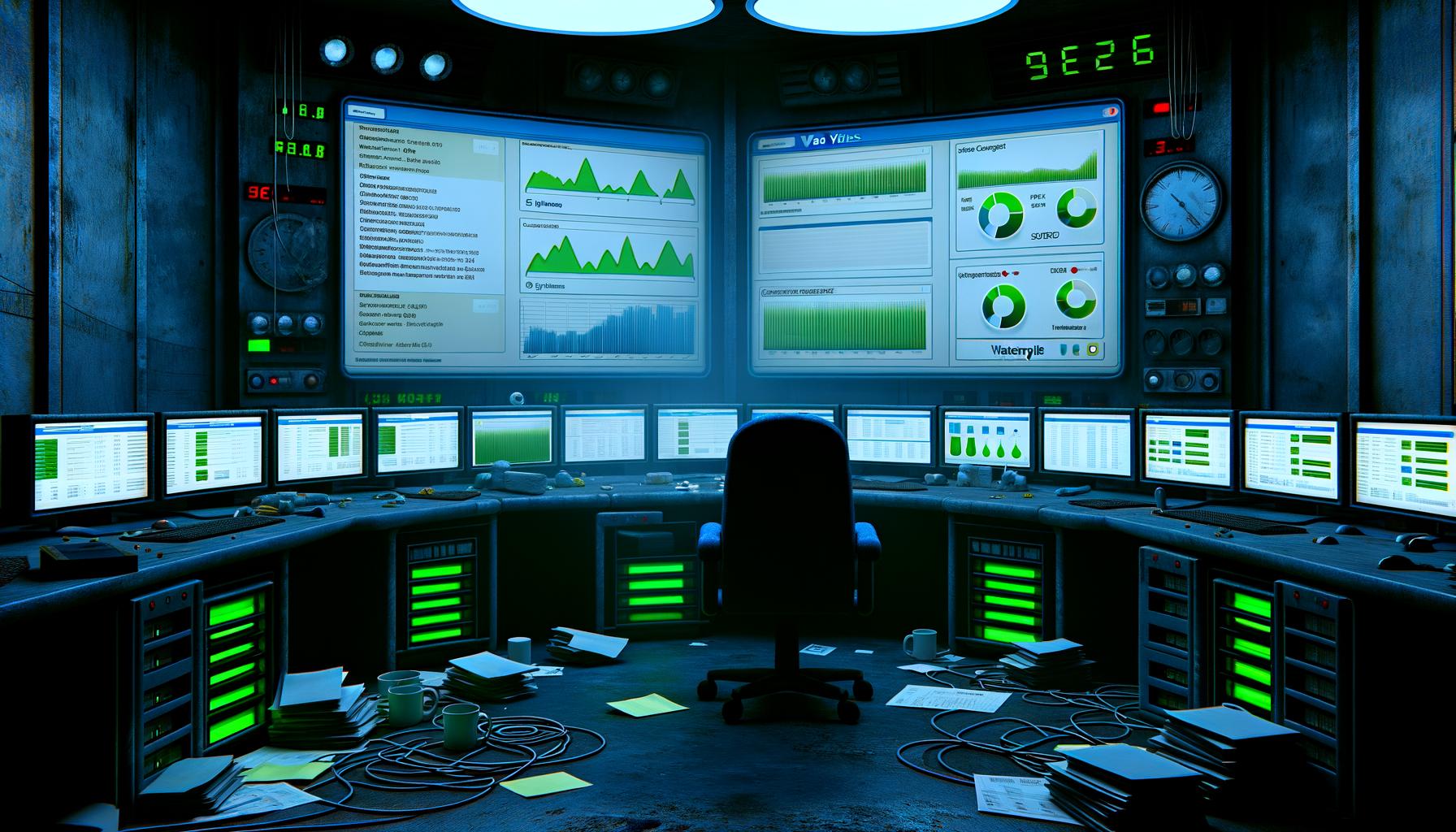 Kontrollraum mit technischen Monitoren, auf denen Web-Performance-Dashboards, Lighthouse- und WebPageTest-Berichte mit Leistungsmetriken, Filmstrips und grünen sowie roten Markierungen zu sehen sind.