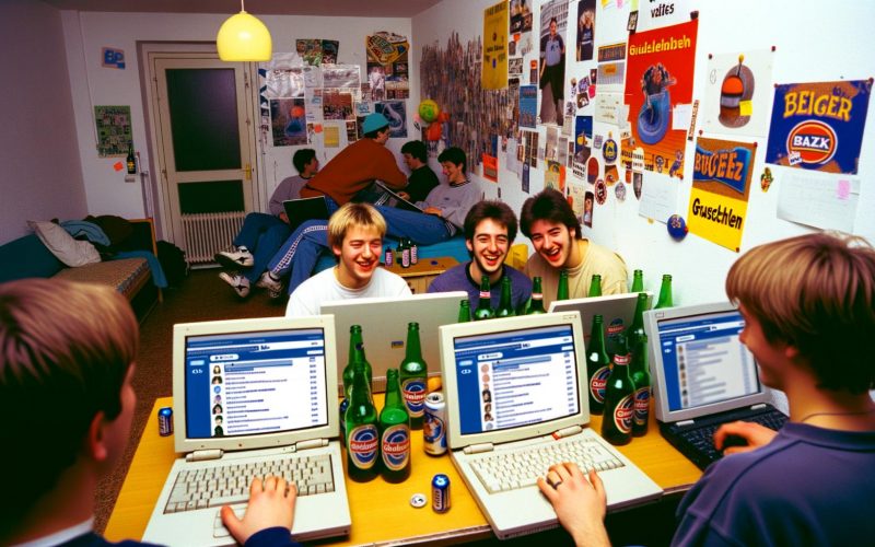Szene einer deutschen Studenten-WG der späten 2000er mit mehreren Studierenden, Laptops mit StudiVZ, bunten Postern und Bierflaschen auf dem Tisch