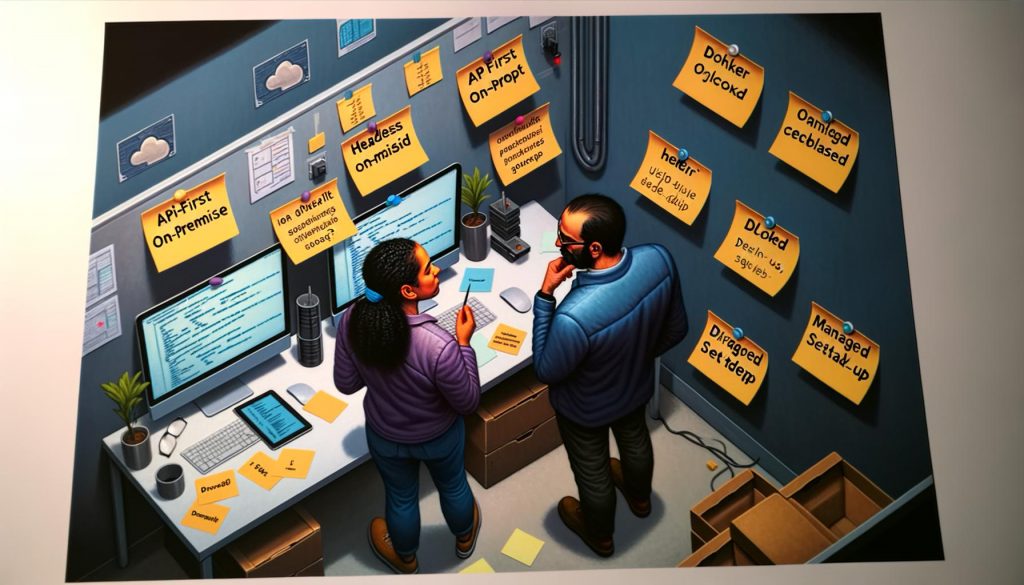 Moderne Arbeitsumgebung mit zwei Entwicklern, die verschiedene Directus-Setup-Optionen anhand von technischen Diagrammen und Notizzetteln analysieren.