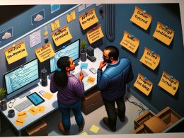 Moderne Arbeitsumgebung mit zwei Entwicklern, die verschiedene Directus-Setup-Optionen anhand von technischen Diagrammen und Notizzetteln analysieren.