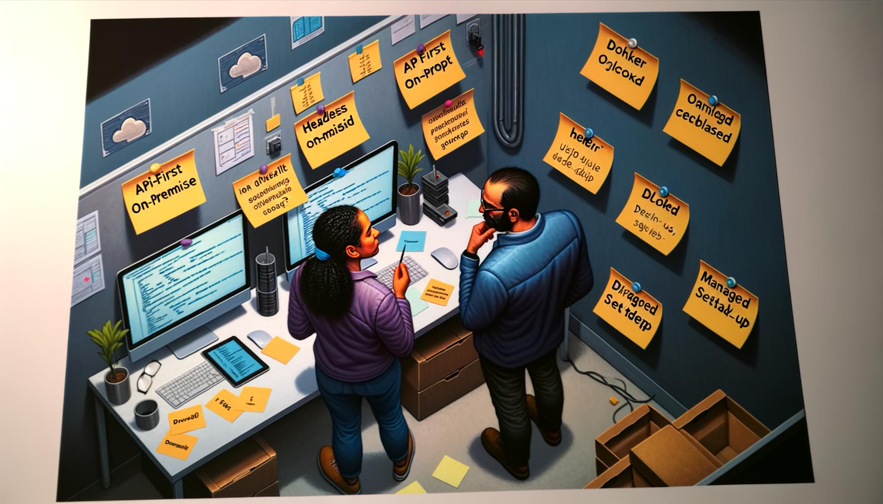 Moderne Arbeitsumgebung mit zwei Entwicklern, die verschiedene Directus-Setup-Optionen anhand von technischen Diagrammen und Notizzetteln analysieren.