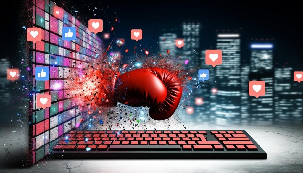 Roter Boxhandschuh trifft dynamisch auf Computertastatur, Funken und Pixel fliegen, Social-Media-Icons und Stadt im Hintergrund, kräftige Neonfarben.