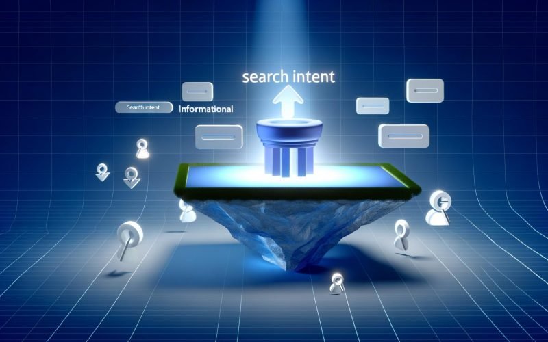 Konzeptillustration einer Website auf einer leuchtenden Grundlage namens 'Suchintention', umgeben von Icons für verschiedene Nutzerintentionen, mit schlecht optimierten Seiten, die in die Dunkelheit absinken.