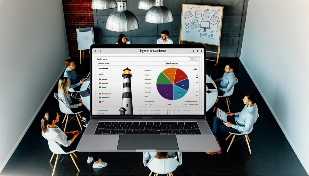 Laptop mit offenem Lighthouse-Audit-Report-Dashboard umgeben von Marketing-Experten und Entwicklern in einem modernen, energiegeladenen Büro