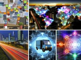 Futuristische Stadt bei Abenddämmerung mit leuchtenden Routennetzen, autonomen Lieferfahrzeugen, digitalen Datenwolken und modernen Dashboards zur KI-gestützten Routenoptimierung.