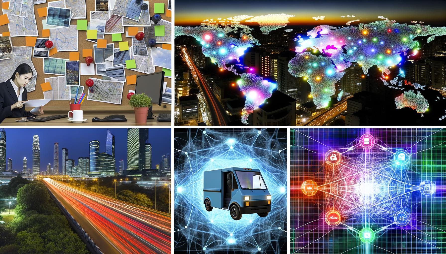 Futuristische Stadt bei Abenddämmerung mit leuchtenden Routennetzen, autonomen Lieferfahrzeugen, digitalen Datenwolken und modernen Dashboards zur KI-gestützten Routenoptimierung.