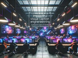 Futuristisches Loft im Social Media Command Center Stil mit jungen Kreativen an Arbeitsplätzen, lebendigen Feeds, Neonlichtern und schwebenden holografischen Schnittstellen.