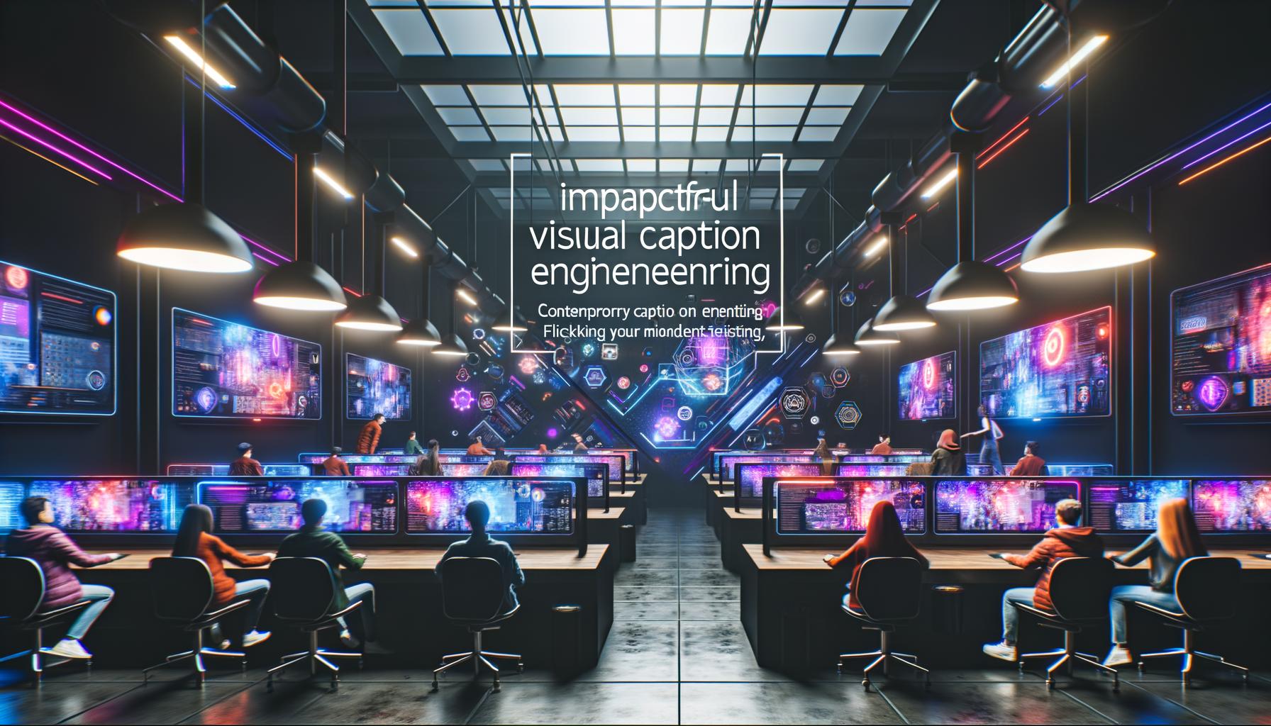 Futuristisches Loft im Social Media Command Center Stil mit jungen Kreativen an Arbeitsplätzen, lebendigen Feeds, Neonlichtern und schwebenden holografischen Schnittstellen.