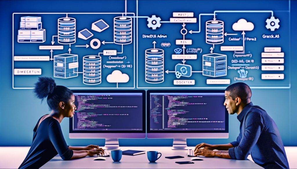 Zwei Entwickler arbeiten an großen Bildschirmen mit Directus Admin UI, Code und Docker-Terminals, umgeben von Cloud- und Datenbankdiagrammen.